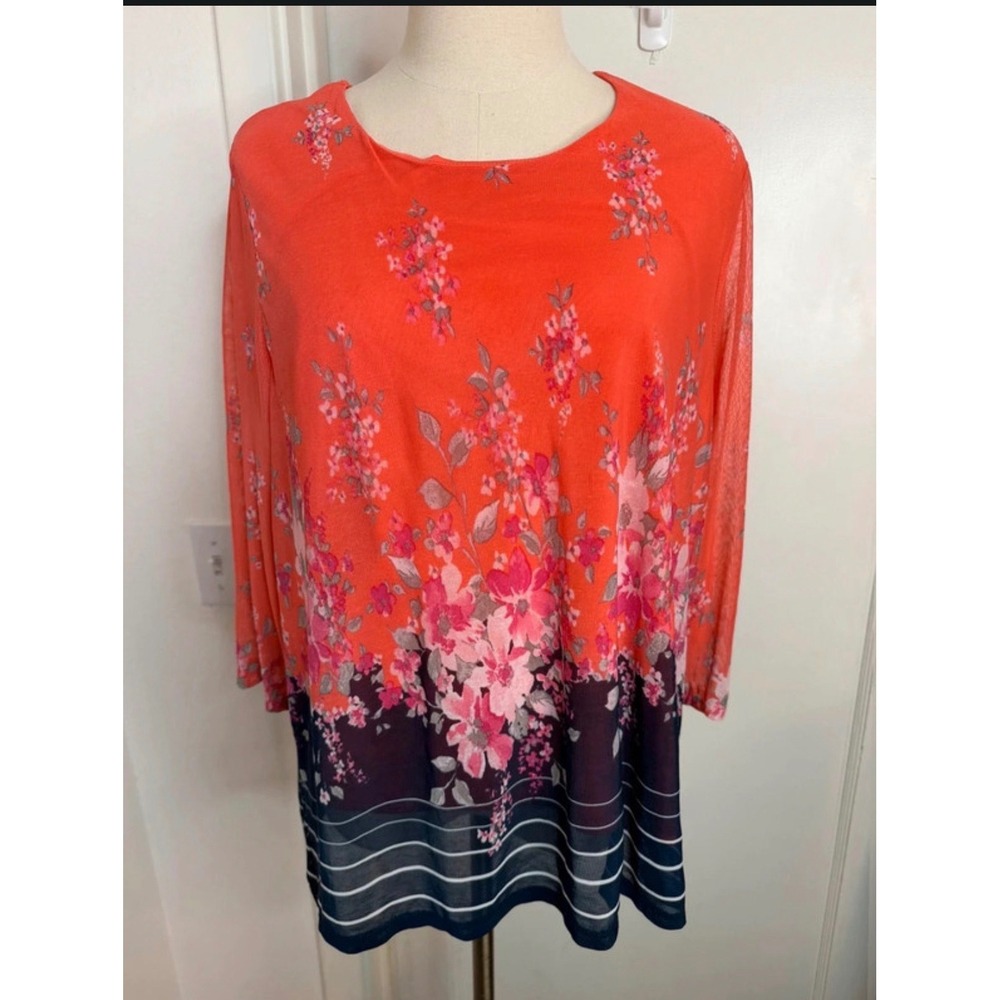 Croft & Barrow Womens Petite PXXL Coral Floral Sheer Sleeve Tunic Blouse Navy